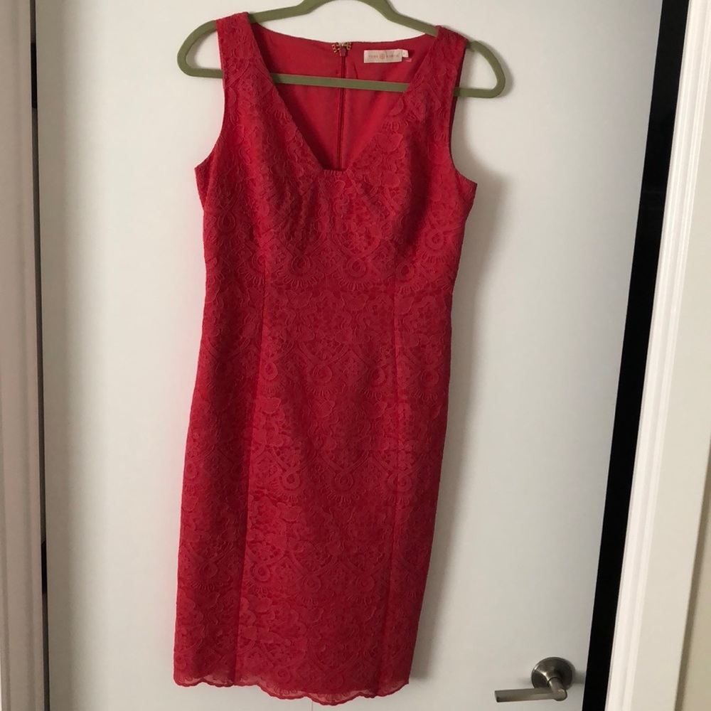 Dark coral lace overlay dress